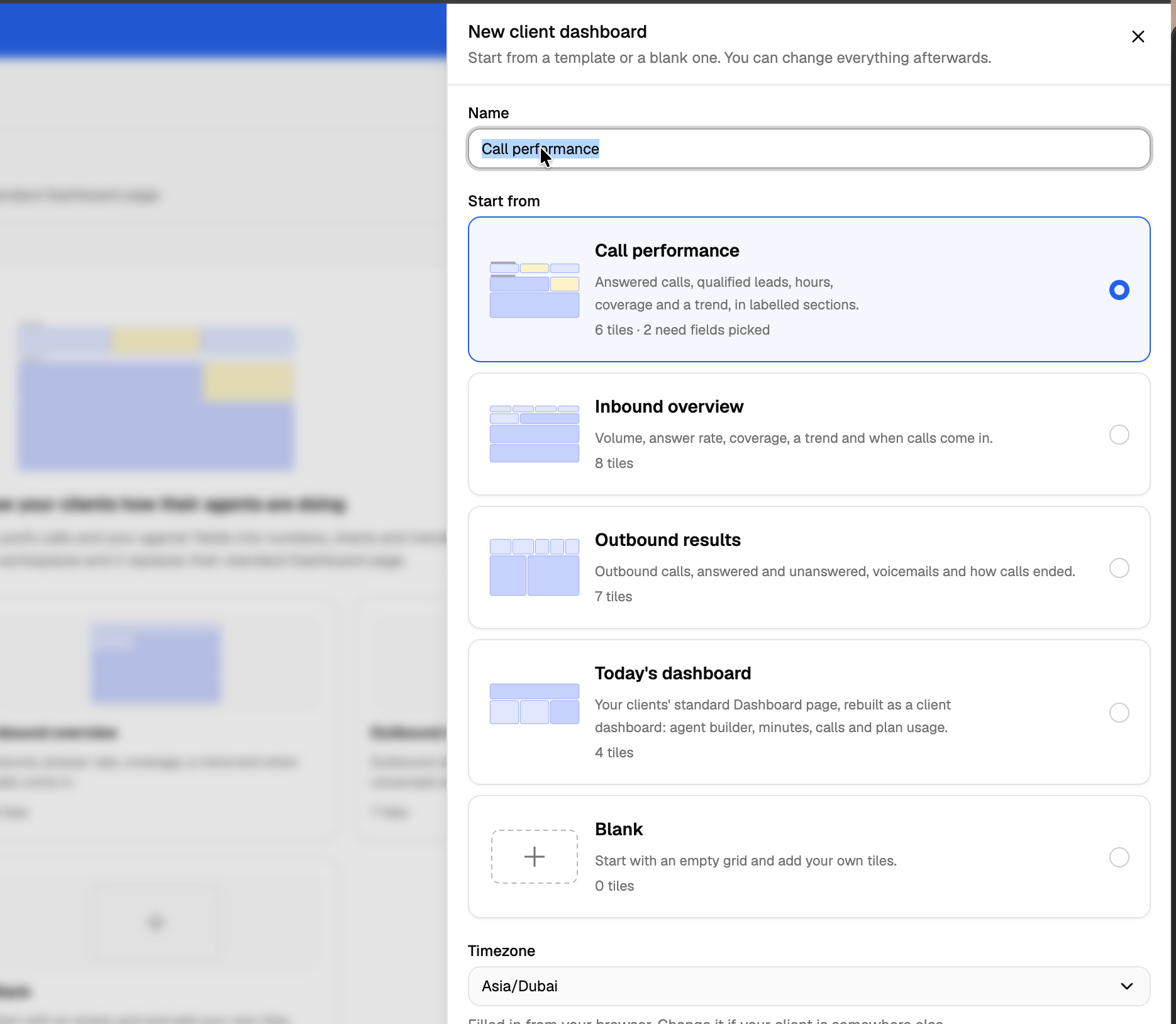 New client dashboard panel in VoiceAIWrapper, with Call performance selected, a dashboard name field and a timezone selector.
